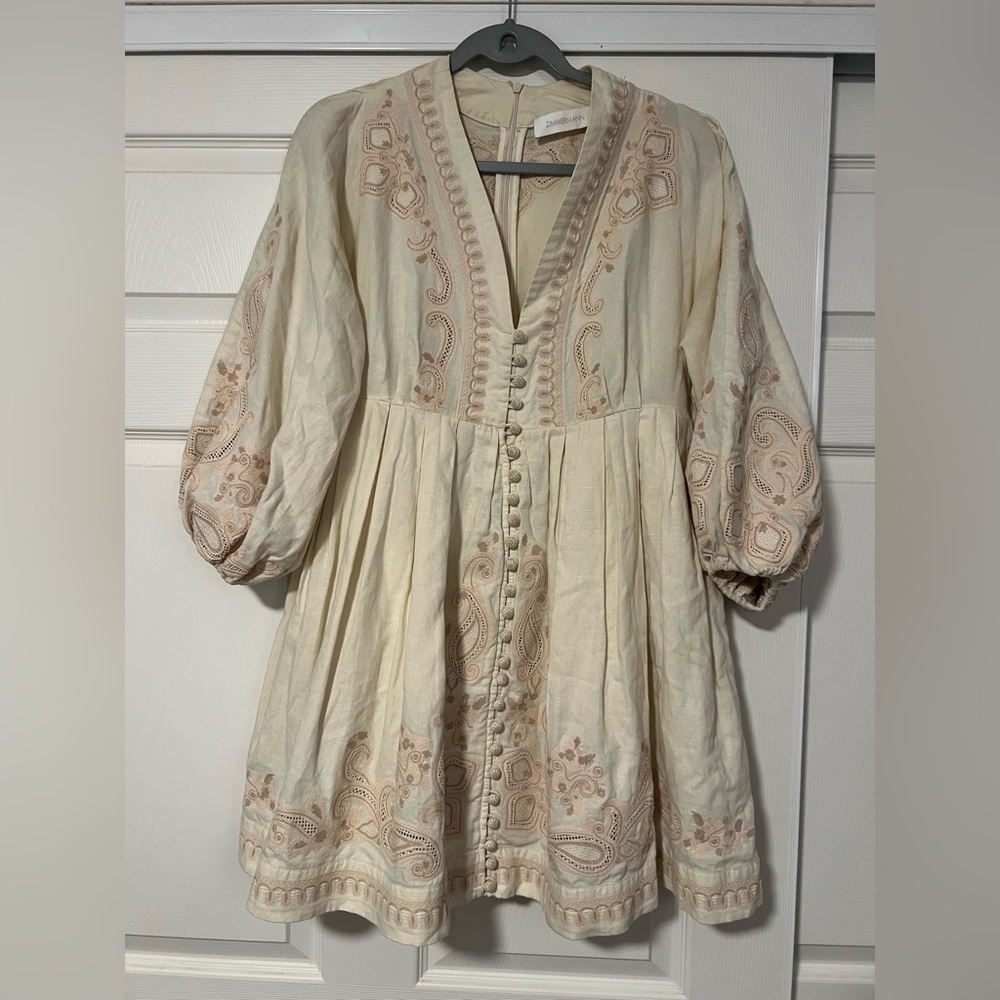 Zimmermann Estelle Embroidered Long‎ Balloon Sleeve Linen Dress Bohemian Fairy - Picture 3 of 8